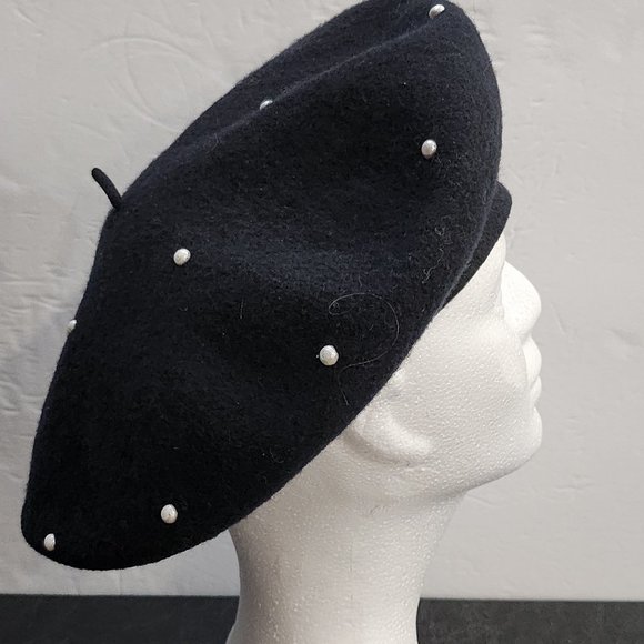 Vintage Rare Find 100% Wool Beret Made in Hong Kong Black Beret With Pearls Acce main image 10